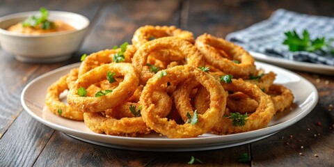 Crispy golden fried onion rings on a plate, appetizer, snack, deep fried, crunchy, delicious, fast food