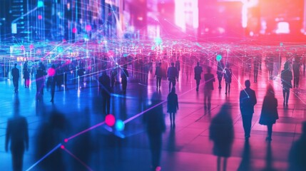 AI facial recognition technology analyzing a crowd, security interface in high-tech setting