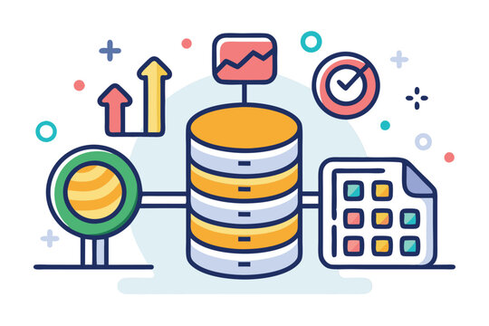The illustration depicts a dataset icon representing data storage, analysis, and visual indicators of progress, Install dataset icon, simple illustration
