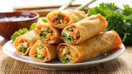 Crispy egg rolls filled with vegetables and meat , appetizer, Asian cuisine, deep fried, savory, delicious