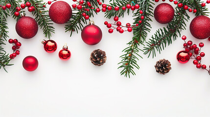 A white background with red and green decorations. The decorations are mostly red and include a few green ones