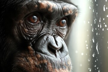 A close up of a chimpanzee looking out of a window