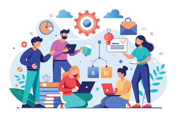 A diverse group of colleagues collaborates, using technology and various tools to enhance their teamwork efforts, Internal teamwork, simple visual representation