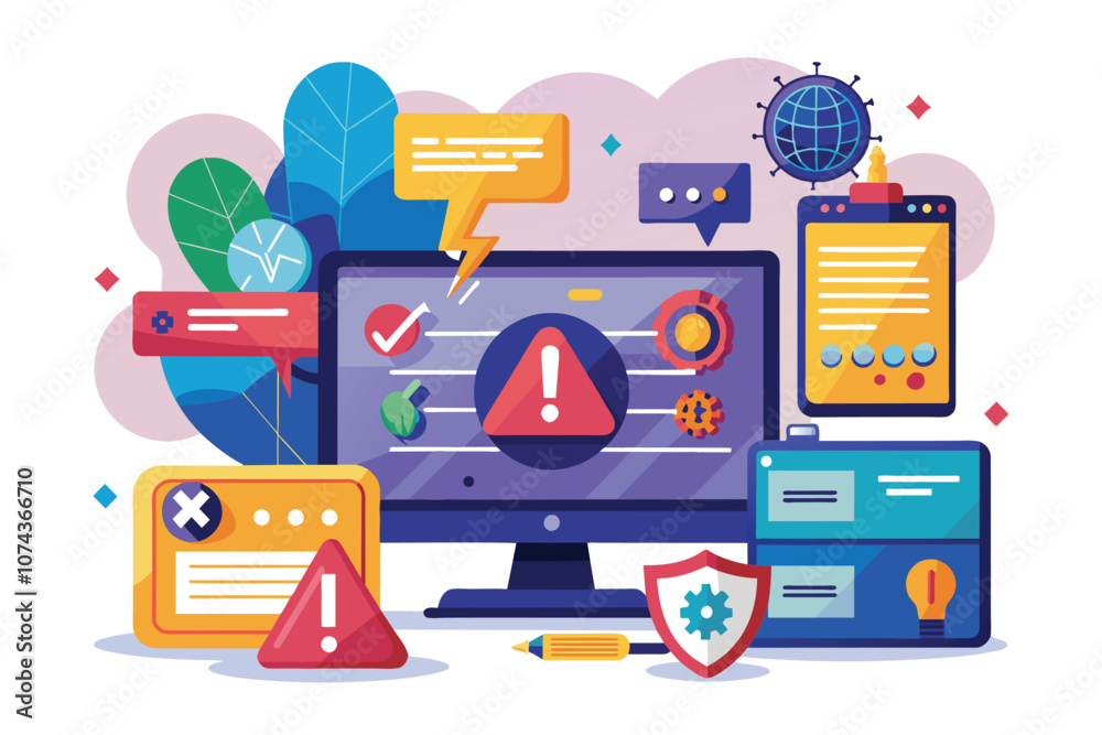 Poster a graphic representing an internet network error analysis displaying multiple alert icons and digita