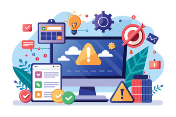 A colorful illustration shows a computer screen displaying an internet network error with alert icons, Internet network error page illustration.