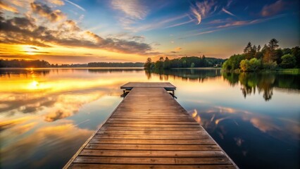 Fototapeta premium Wooden dock on calm lake at sunset, sunset, peaceful, wooden, dock, lake, water, reflection, tranquil, nature, serenity