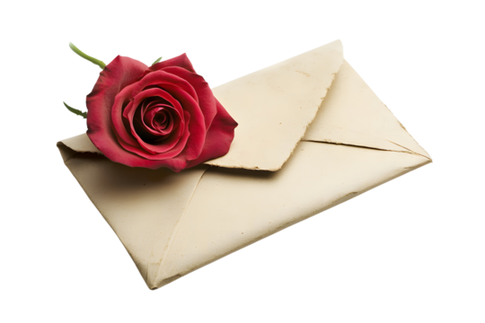 Red rose and envelope on a white background. 