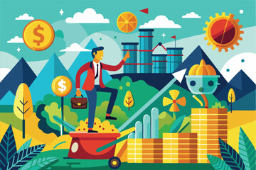A confident businessman stands on a mound of money while managing investments in a vibrant landscape, Investing for profit, illustrated flatly.