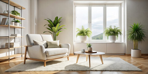 Fototapeta premium Minimalist Elegance: White Boucle Armchair in Modern Living Room with Natural Light