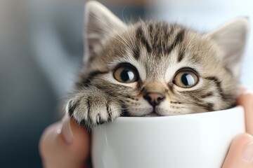 A person holding a cup with a kitten in it