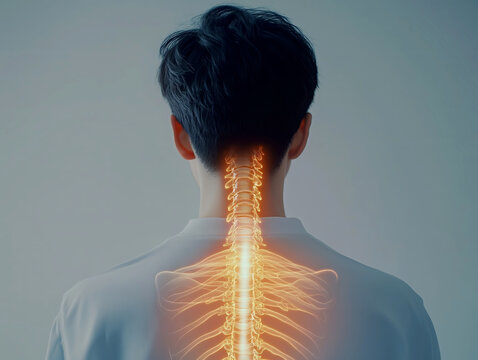 회색 배경에 척추 건강이나 목 통증을 묘사한, 척추와 목 부위가 강조된 사람의 뒷모습