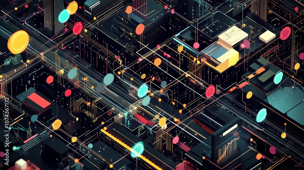 Poster futuristic data visualization of machine learning technology in a dynamic cityscape, featuring abstr