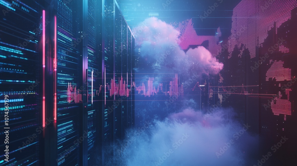 Poster futuristic cloud server environment with data visualization, digital technologies and soft clouds cr