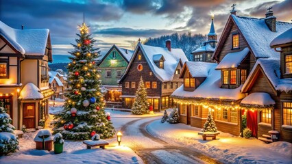 Winter town covered in snow with festive Christmas decorations, twinkling lights, and cozy buildings , Christmas, town, winter