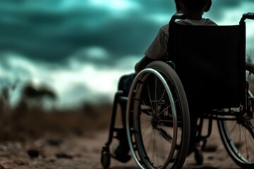 Naklejka premium A person in a wheelchair on a dirt road