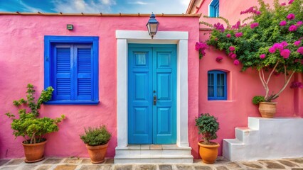 Fototapeta premium Traditional Greek house with colorful blue door and pink walls in Asos village, Greece, Greece