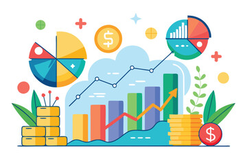 Visual representation of investment data highlights financial growth with charts and symbols in vibrant colors, investment data, simple illustration