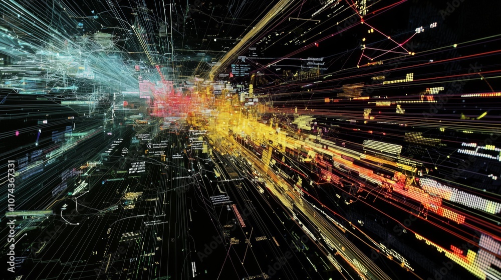 Poster dynamic visualization of apis connecting financial data through abstract digital streams and flowing