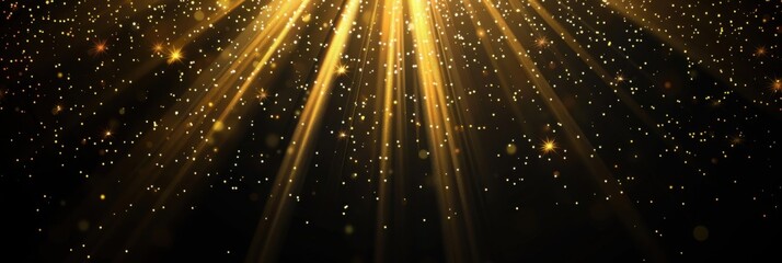 Golden glowing stars on a black background with shiny light beams, perfect for an award ceremony or party banner.