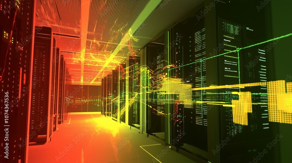 Poster a glowing server room with multiple data units showcasing advanced technology and futuristic digital