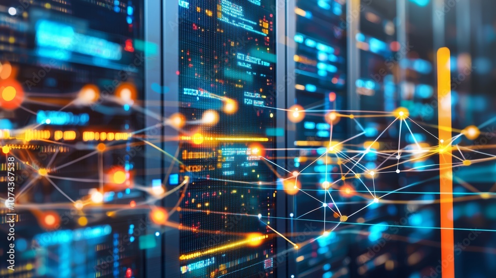 Poster glowing server room with multiple data panels and dynamic connections representing modern technology