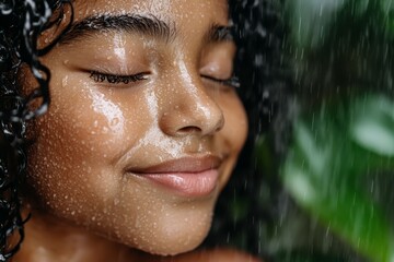 A woman with her eyes closed in the rain