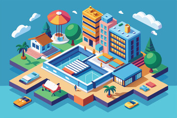 A colorful isometric design depicting a hotel complex featuring a pool, leisure areas, and outdoor activities, Isometric illustration for custom hotel bookings.