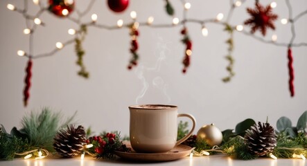 Celebrate Winter With a Cozy Mug of Spiced Cocoa Surrounded by Festive Decorations and Twinkling Lights.