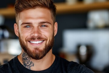 Obraz premium A man with a beard smiles at the camera