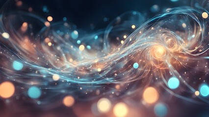Abstract swirling lights with glowing orbs and flowing lines in a dreamy atmosphere.