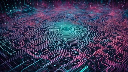 Abstract digital circuit design with vibrant colors and intricate patterns.