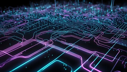 Abstract digital circuit design with glowing lines and nodes in blue and pink hues.