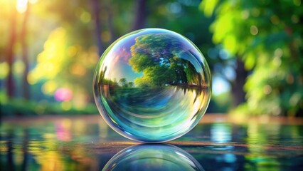 Glassy and glossy realistic soap bubble or water droplet in rendering, reflective,sphere, shiny, liquid, iridescent