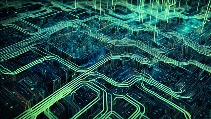 Abstract representation of a circuit board with glowing lines and digital elements.