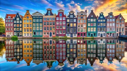 Fototapeta premium Colorful canal houses reflecting in the water, creating a charming and picturesque scene, Canal, Houses