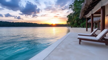 A couple of lounge chairs sitting on top of a beach next to the ocean