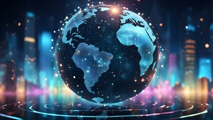 A glowing digital globe representing Earth amidst a vibrant cityscape.