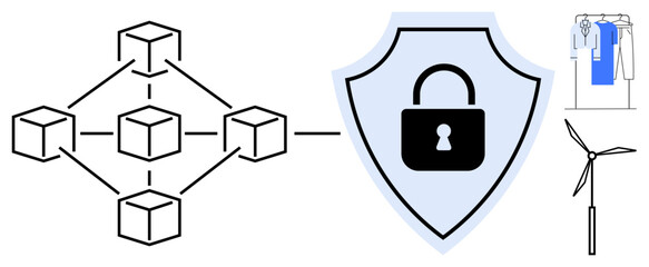 Blockchain network diagram connecting to shield with padlock wind turbine and clothing on hangers in background. Ideal for cybersecurity, renewable energy, supply chain, technology integration