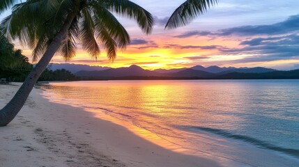 Fototapeta premium A palm tree on a beach with a sunset in the background