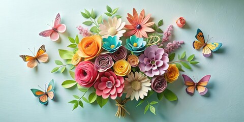 paper craft flower bouquet with butterflies , paper craft, flower, round, bouquet, butterfly,botanical, clip art, decoration