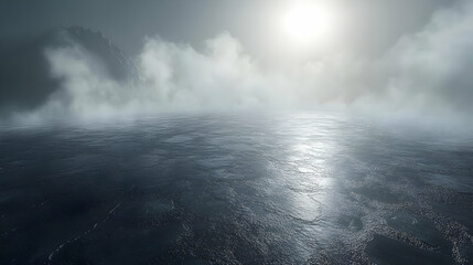 Fototapeta premium Dark Foggy Landscape with Mountain Peaks and a Water Surface