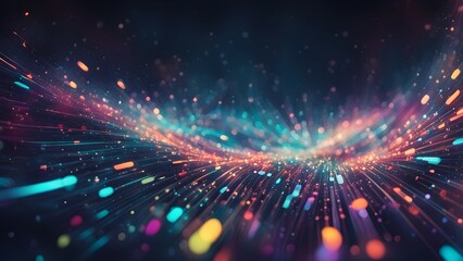 A vibrant abstract background with colorful light trails and particles creating a dynamic effect.