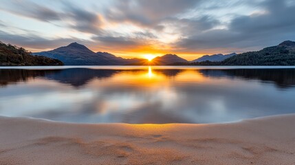 Obraz premium A sunset over a body of water with mountains in the background