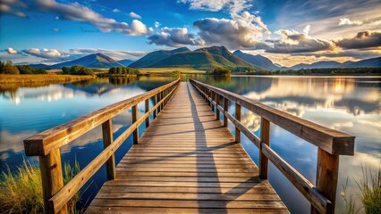 Naklejka premium Empty wooden bridge with lake mountain and sky landscape background, wooden, bridge, lake, mountain, sky, landscape
