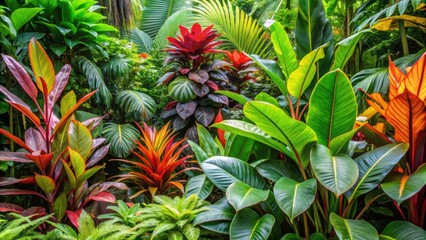 Fototapeta premium Tropical garden shrub featuring lush foliage plants such as Homalomena, Heliconia, and Alocasia Chinese taro , Tropical