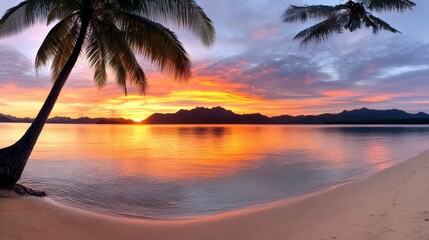 Fototapeta na wymiar A palm tree on a beach with a sunset in the background