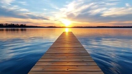 Obraz premium A wooden dock in the middle of a lake at sunset