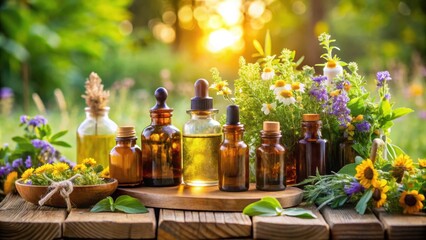 A mix of aromatherapy essential oils and herbal tinctures displayed outdoors in sunlight , aromatherapy