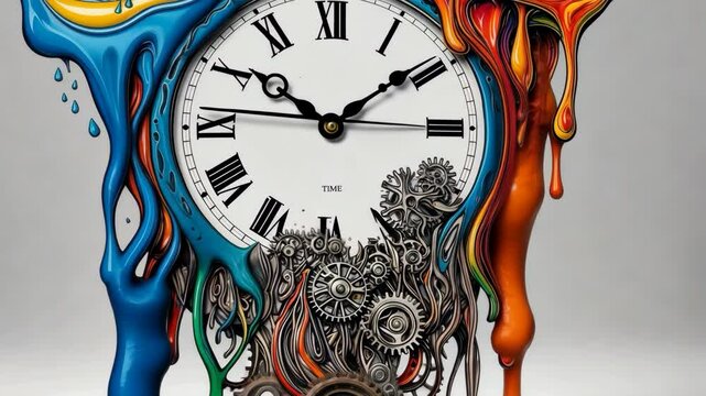 Video of clock with Roman numerals is melting, with colorful paint and exposed gears, blending art and mechanics in a surreal manner.