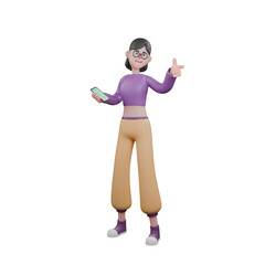  3D Cartoon Dance Artist. A female dancer stands with her body tilted to the right while her right hand holds her cellphone and her left hand gives a gun finger symbol towards the front. Performer